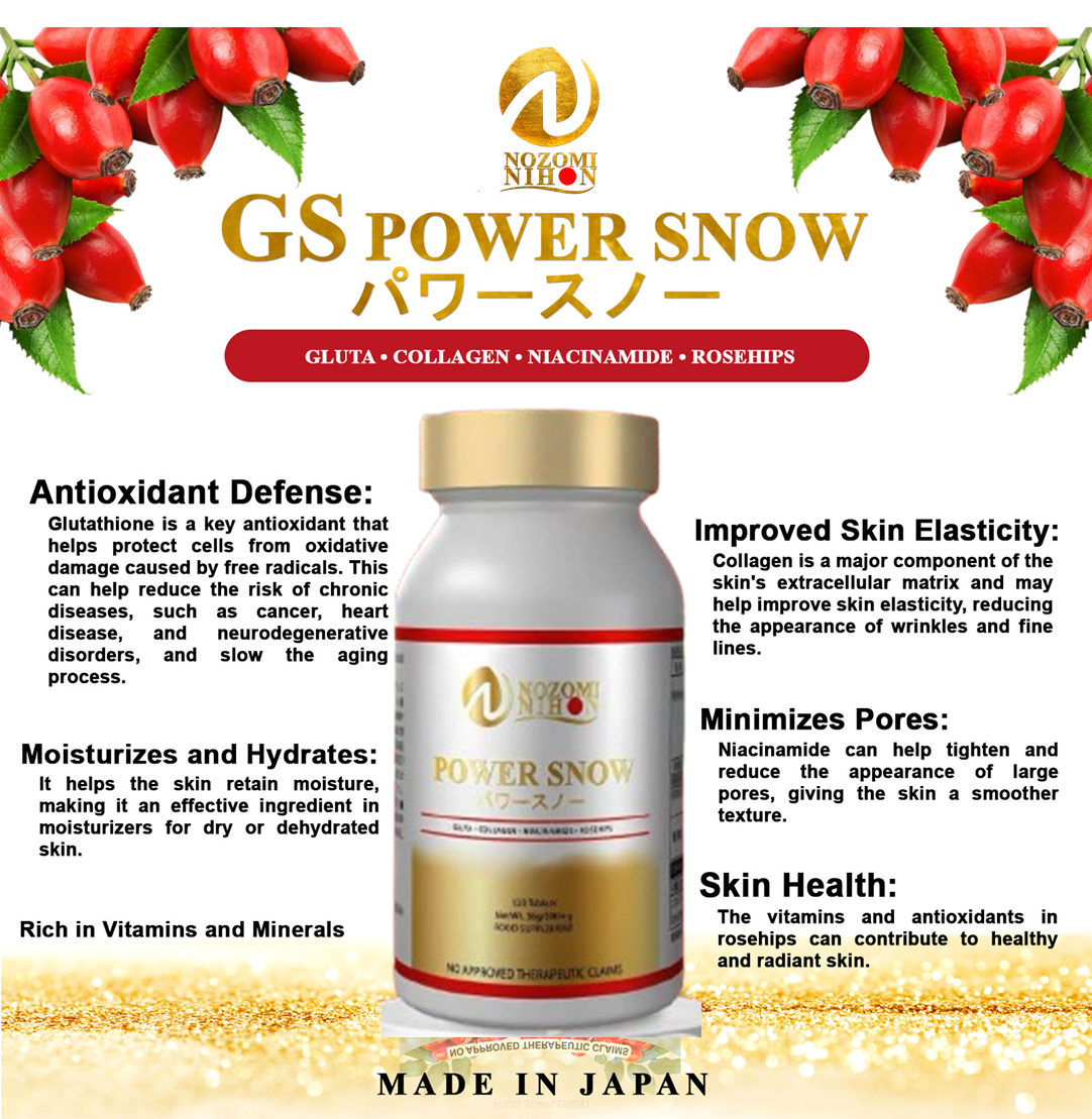 【NOZOMI NIHON】日本製 Made in Japan -POWER SNOW GLUTA- 120 tablets | Supplements GLUTA・COLLAGEN・NIACINAMIDE・ROSEHIPS