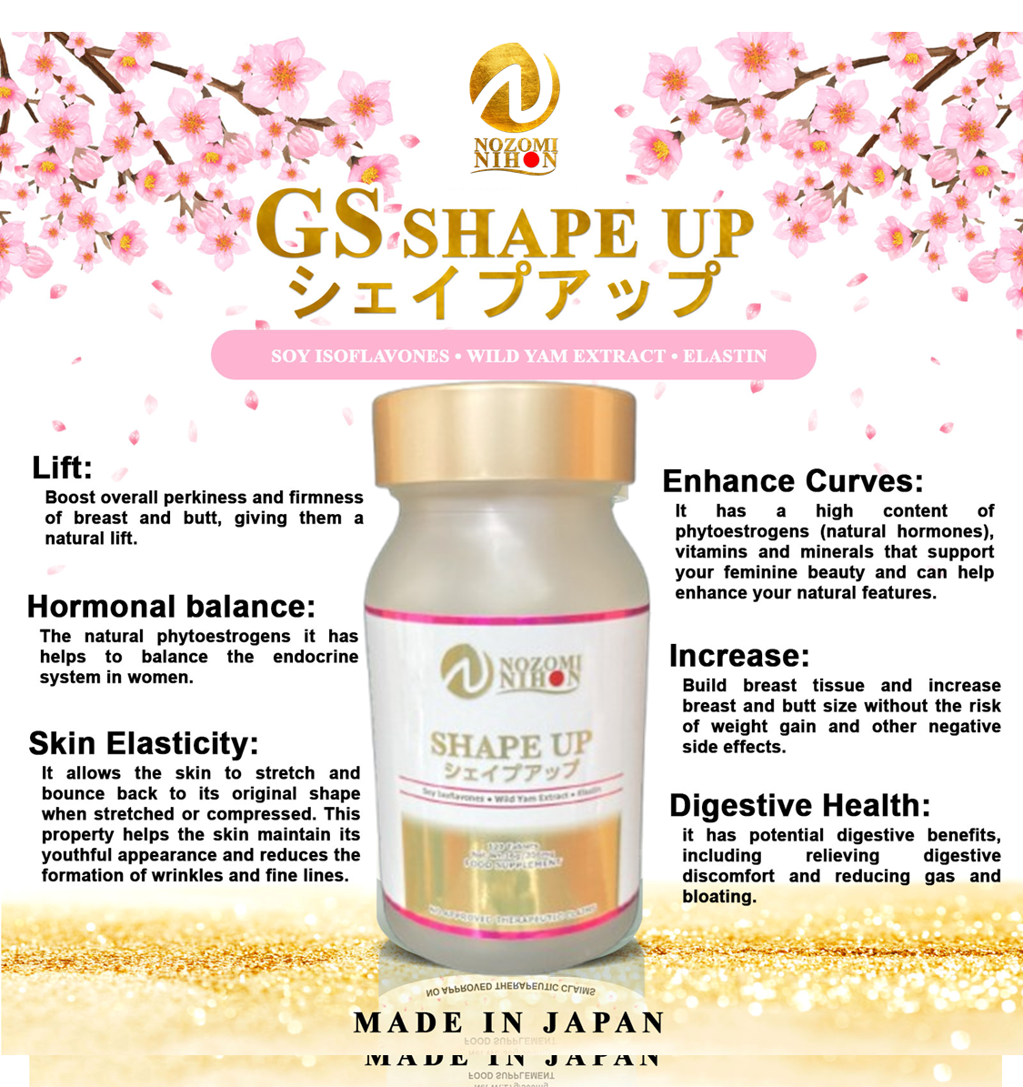 【NOZOMI NIHON】日本製 Made in Japan - SHAPE UP - 120 tablets | Supplements SOY ISOFLAVONES, WILD YAM EXTRACT, ELASTIN