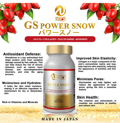 【NOZOMI NIHON】日本製 Made in Japan  -POWER SNOW GLUTA- 120 tablets | Supplements GLUTA・COLLAGEN・NIACINAMIDE・ROSEHIPS　